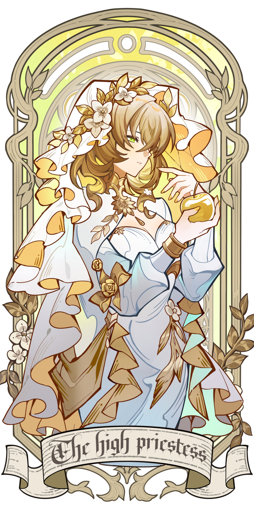 1girl absurdres aglaea_(honkai:_star_rail) apple blonde_hair breasts card_(medium) chinese_commentary commentary_request dress food fruit golden_apple green_eyes highres holding holding_food holding_fruit honkai:_star_rail honkai_(series) mie_xing nail_polish short_hair solo tarot tarot_(medium) the_high_priestess_(tarot) veil white_dress white_veil