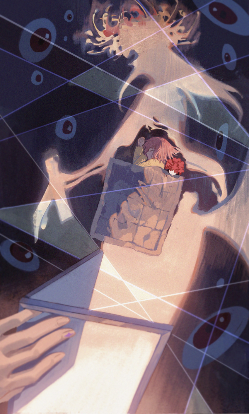 1girl abstract absurdres aged_down child chinese_commentary closed_eyes commentary_request disembodied_eye film_grain flower from_above futon highres homulilly kaname_madoka long_sleeves lying mahou_shoujo_madoka_magica mahou_shoujo_madoka_magica:_hangyaku_no_monogatari on_side open_door out_of_frame pink_hair red_flower shirt short_hair silhouette sleeping solo_focus vase witch_(madoka_magica) yayaziiii yellow_shirt