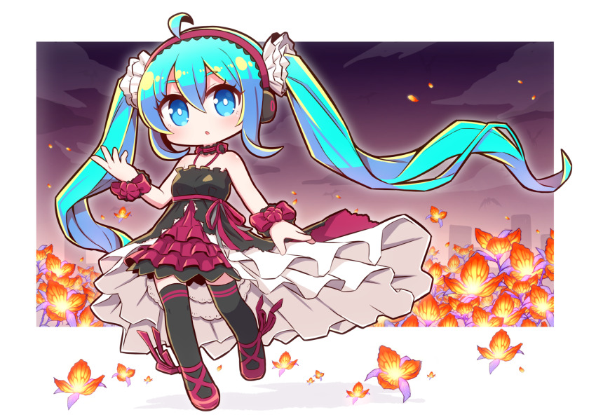 1girl 7th_dragon_(series) 7th_dragon_2020 7th_dragon_2020-ii :o ahoge bare_shoulders black_dress black_thighhighs blue_eyes blue_hair bow breasts chibi commentary_request dress floating_hair floro_(7th_dragon) flower halterneck hatsune_miku headphones highres long_hair naga_u orange_flower parted_lips purple_bow purple_shoes shoes sidelocks sleeveless sleeveless_dress small_breasts solo thighhighs twintails very_long_hair vocaloid wrist_cuffs