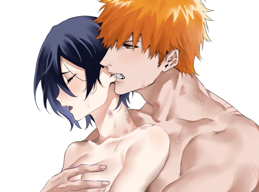 1boy 1girl bite_mark bite_mark_on_neck bite_mark_on_shoulder biting biting_ear black_hair bleach breasts brown_eyes commentary grabbing_another&#039;s_breast grabbing_from_behind groping hetero hickey highres kuchiki_rukia kurosaki_ichigo muscular muscular_male nude open_mouth orange_hair scratches short_hair small_breasts sushisalmon95
