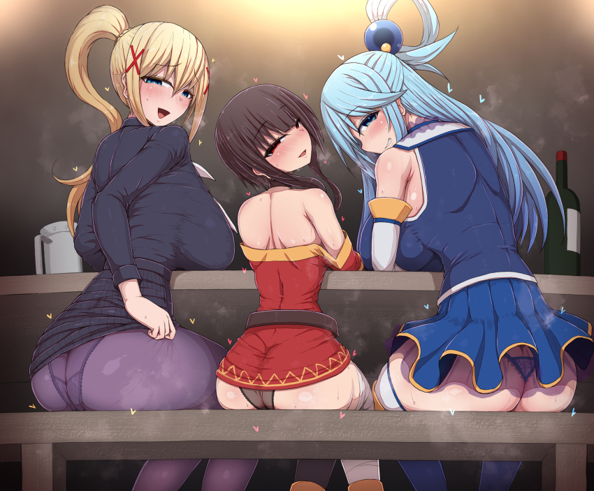 3girls aqua_(konosuba) ass asymmetrical_legwear bandaged_leg bandages bare_shoulders black_dress black_panties black_thighhighs blonde_hair blue_eyes blue_hair blue_skirt breasts brown_hair butt_crack darkness_(konosuba) dress from_behind green_eyes half-closed_eyes heart highres indoors kono_subarashii_sekai_ni_shukufuku_wo! large_breasts long_hair looking_at_viewer looking_back megumin miniskirt mismatched_legwear multiple_girls naughty_face panties pantyhose ponponmaru ponytail purple_pantyhose red_dress red_eyes short_hair_with_long_locks sitting skirt sleeveless steaming_body thighhighs underwear