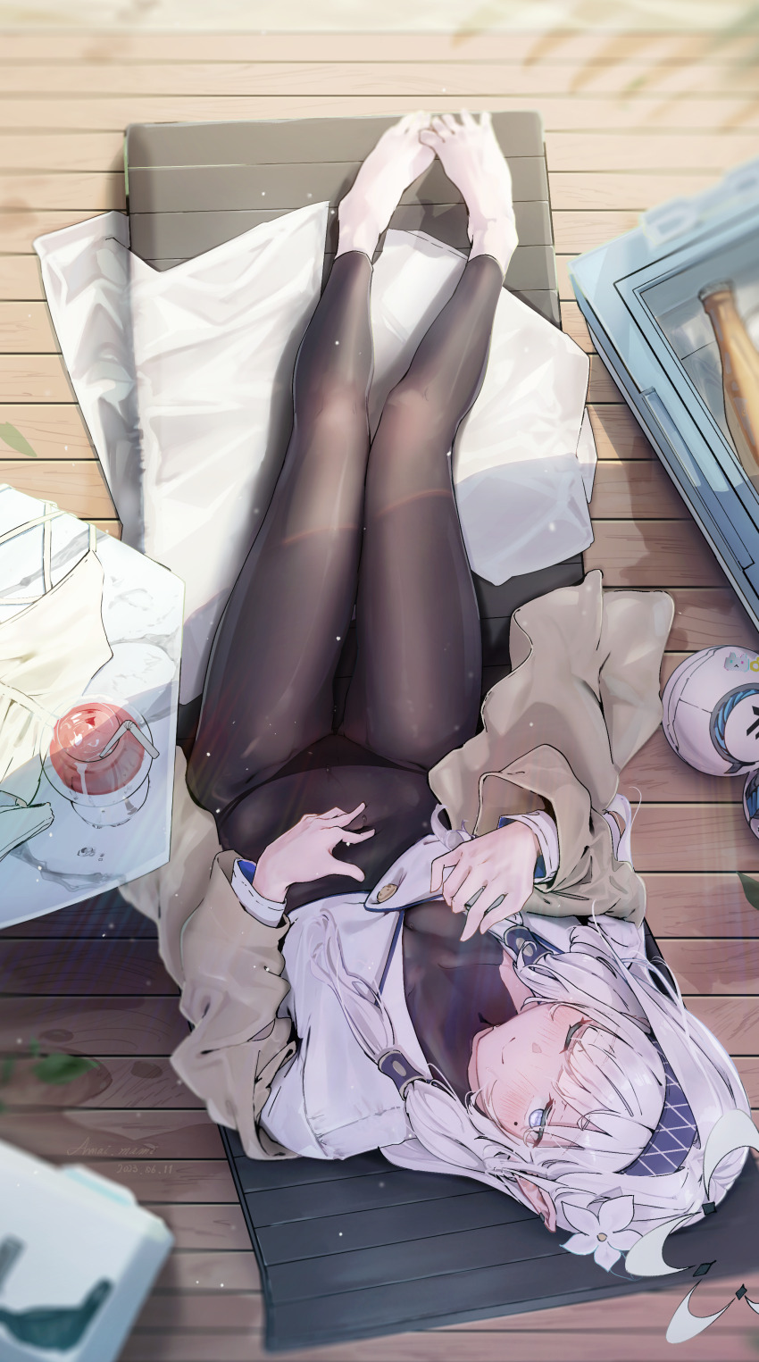 1girl ;) absurdres amamami_prime barefoot beach_chair black_bodysuit blue_archive blush bodysuit brown_car car chair feet flower foot_focus from_above grey_hair hair_flower hair_ornament hair_tubes halo highres himari_(blue_archive) looking_at_viewer mole mole_under_eye motor_vehicle on_chair one_eye_closed shirt sitting smile solo spread_toes toes upside-down white_shirt wooden_floor