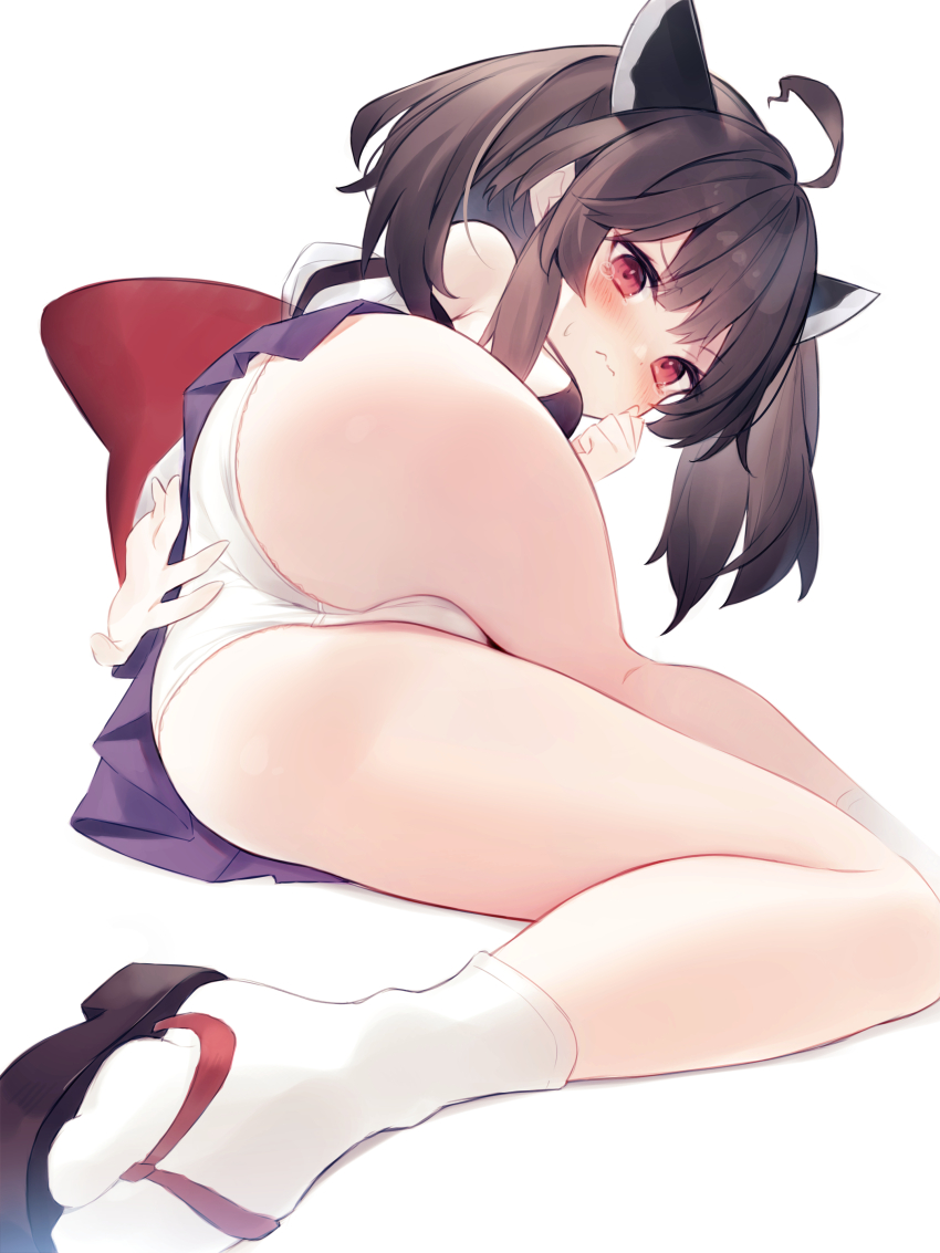 1girl absurdres ahoge ass black_hair blush diieru embarrassed flip-flops headgear highres long_hair looking_at_viewer lying on_side panties pleated_skirt red_eyes sandals skirt socks solo touhoku_kiritan twintails underwear voiceroid white_panties white_socks