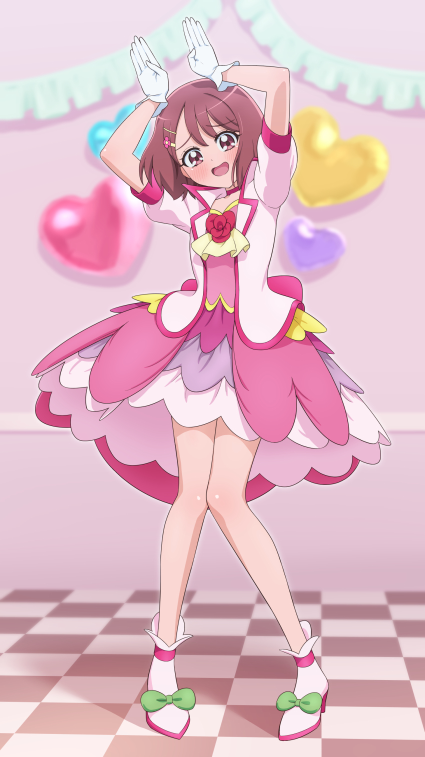 1girl :d absurdres ankle_boots arms_up ascot balloon bare_legs blush bob_cut boots bow brooch checkered_floor choker colored_shoe_soles commentary cosplay cure_grace cure_grace_(cosplay) dress embarrassed flower flower_brooch footwear_bow forced_smile full_body furrowed_brow gloves green_bow hair_between_eyes hair_flower hair_ornament hairclip hanadera_nodoka healin&#039;_good_precure heart heart_balloon high_heel_boots high_heels highres indoors jacket jewelry knees_together_feet_apart looking_at_viewer magical_girl multicolored_boots open_mouth pink_boots pink_choker pink_dress pink_eyes pink_hair pink_jacket precure puffy_short_sleeves puffy_sleeves rabbit_pose self_cosplay short_dress short_hair short_sleeves smile solo standing tiler_(tiler00) two-tone_boots white_boots yellow_ascot