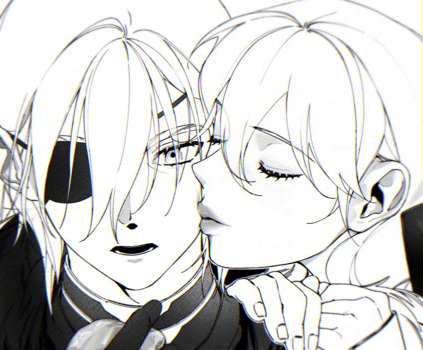 1boy 1girl dimitri_alexandre_blaiddyd dimitri_alexandre_blaiddyd_(timeskip) eyelashes eyepatch female_byleth_(fire_emblem) fingernails fire_emblem fire_emblem:_three_houses greyscale hair_behind_ear hair_between_eyes hand_on_another&#039;s_shoulder hetero highres kiss kissing_cheek lower_teeth_only monochrome nintendo one_eye_covered open_mouth supi_002 teeth upper_body