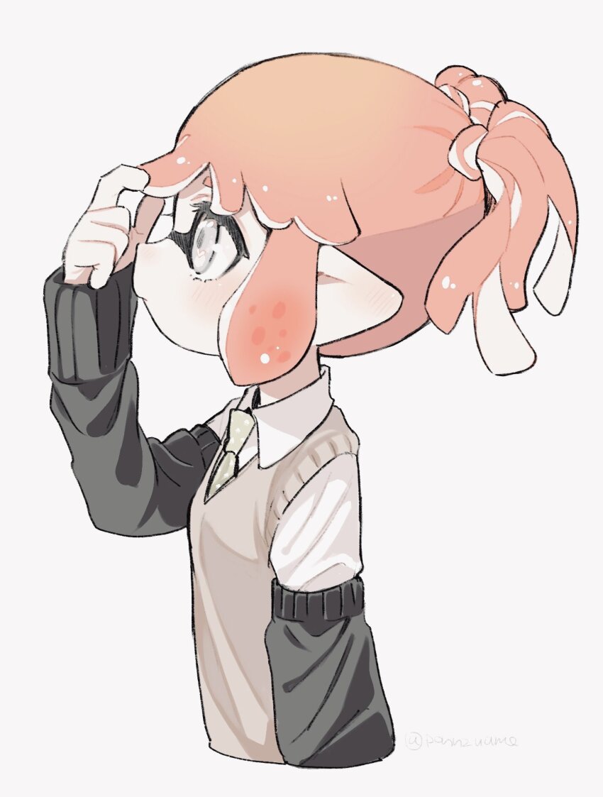 1girl amezawa_koma black_arm_warmers closed_mouth collared_shirt commentary_request green_necktie grey_eyes hand_in_own_hair hand_up heart heart_in_eye highres inkling inkling_girl inkling_player_character long_sleeves necktie nintendo pink_hair pointy_ears profile shirt short_hair short_twintails sidelocks solo splatoon_(series) sweater_vest symbol_in_eye tentacle_hair twintails white_background white_shirt yellow_sweater_vest