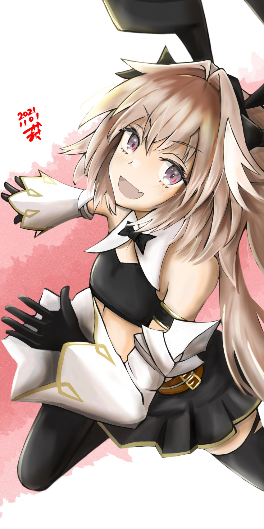 1boy :d absurdres animal_ear_hairband animal_ears astolfo_(fate) astolfo_(saber)_(fate) astolfo_(saber)_(first_ascension)_(fate) bare_shoulders belt belt_buckle black_bow black_bowtie black_gloves black_hairband black_shirt black_skirt black_thighhighs bow bowtie brown_belt buckle collar crop_top dated detached_collar detached_sleeves fake_animal_ears fang fate/grand_order fate_(series) gloves hair_between_eyes hairband highres light_blush long_hair looking_at_viewer multicolored_hair open_mouth pink_background pink_hair purple_eyes rabbit_ear_hairband rabbit_ears shirt skin_fang skirt smile solo streaked_hair thighhighs torn_clothes torn_thighhighs tsukaasa two-tone_background white_background white_collar white_sleeves white_streaks