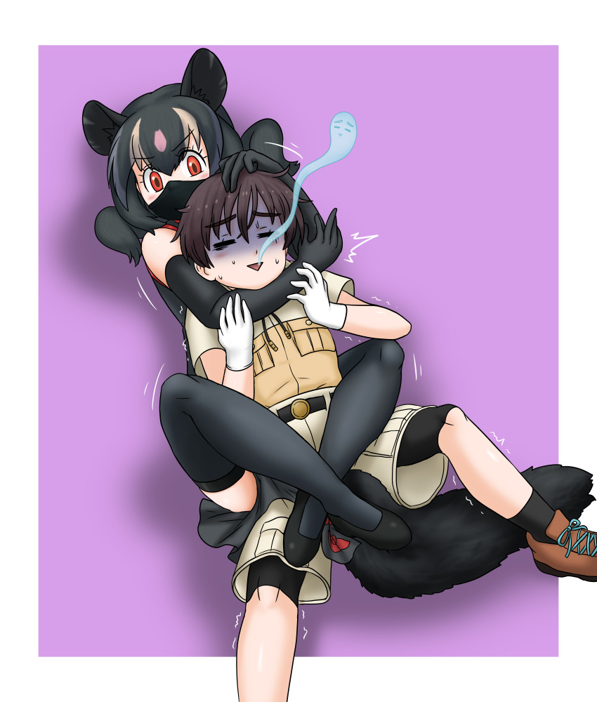 1boy 1girl adansosutega aye-aye_(kemono_friends) captain_(kemono_friends) choke_hold femdom highres kemono_friends kemono_friends_3 leg_lock strangling