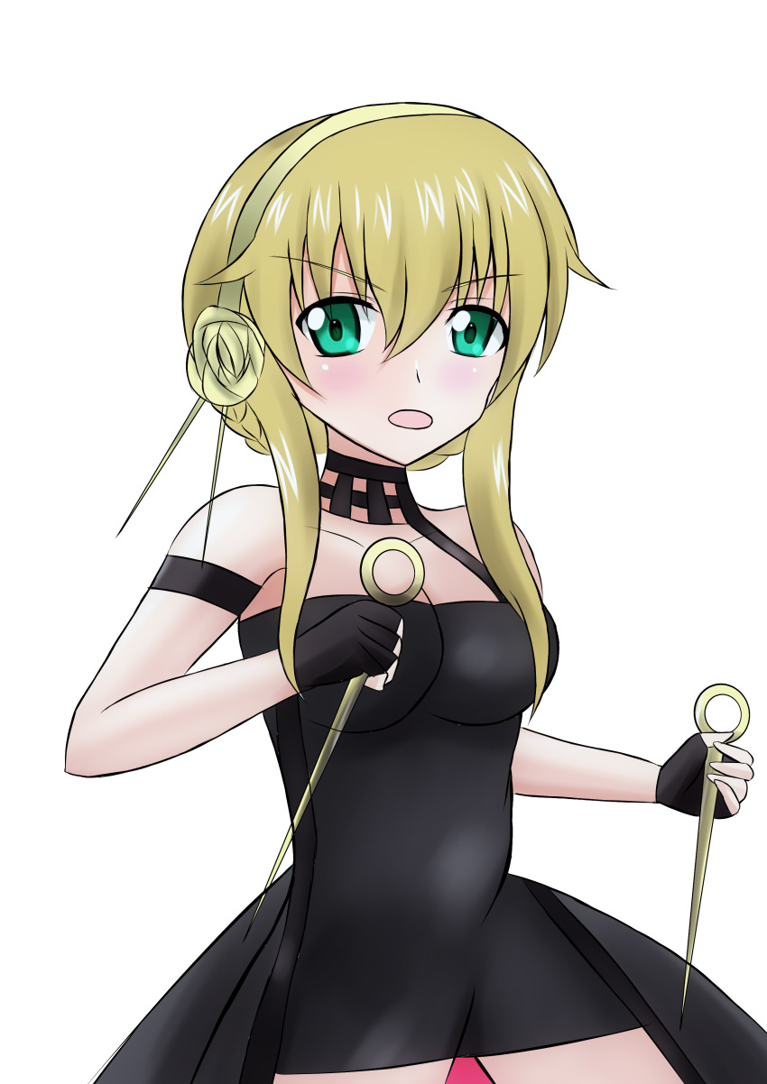 1girl absurdres bare_shoulders black_choker black_dress blonde_hair braid carpaccio_(girls_und_panzer) choker cosplay crossover dagger dress frown girls_und_panzer gold_hairband green_eyes hair_ornament hairband hayami_saori highres holding holding_dagger holding_knife holding_weapon juspa knife parody short_dress simple_background sleeveless sleeveless_dress spy_x_family strapless strapless_dress voice_actor_connection weapon white_background yor_briar yor_briar_(cosplay)