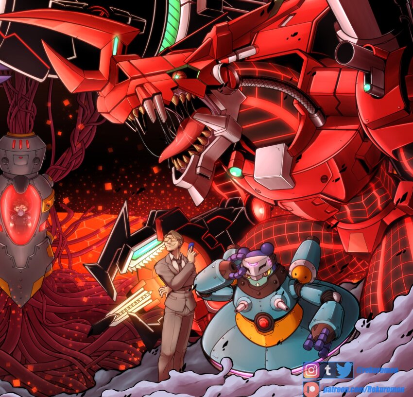 1boy analogman artist_name brown_hair brown_necktie brown_suit cable card chaosdramon chaosdramon_x-antibody collared_shirt digimon digimon_(creature) formal_clothes glasses grey_jacket grey_pants highres horns hoverespimon instagram_logo jacket necktie opaque_glasses open_mouth pants patreon_logo rokuromon sharp_teeth shirt short_hair suit teeth tumblr_logo twitter_logo watermark white_shirt