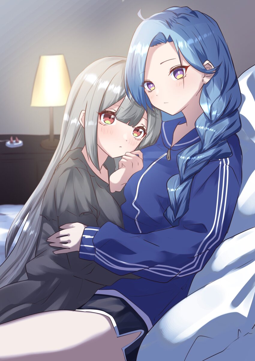 2girls ahoge assault_lily bed black_footwear black_shirt blue_hair blue_jacket blunt_bangs blurry blurry_background blush braid braided_ponytail breasts bright_pupils closed_mouth commentary_request cowboy_shot cuddling desk_lamp dolphin_shorts fujita_asagao grey_hair hair_down hand_on_another&#039;s_arm hand_on_own_cheek hand_on_own_face hand_up head_on_chest heads_together highres houji_tea_latte igusa_subaru indoors jacket lamp long_hair long_sleeves looking_ahead looking_at_another low_ponytail medium_breasts multiple_girls on_bed on_person parted_bangs pillow ponytail purple_eyes red_eyes shirt shorts single_braid sitting sleeves_past_wrists track_jacket very_long_hair white_pupils yuri zipper