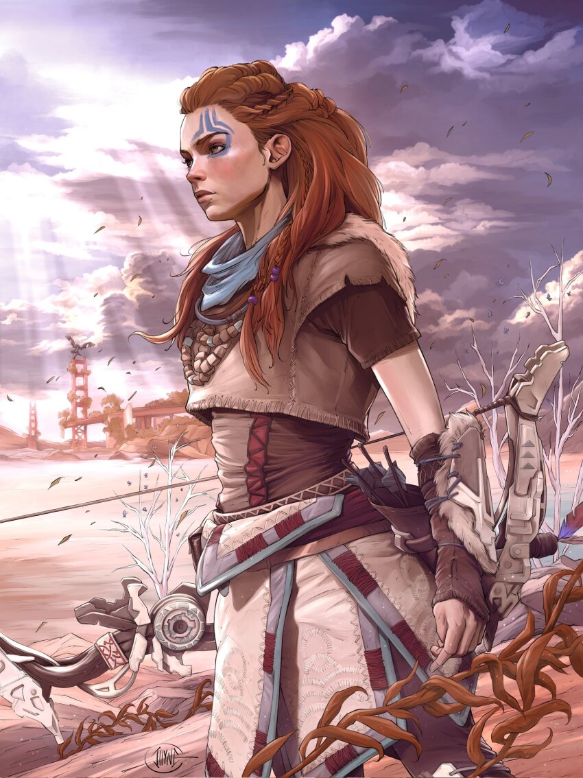 1girl aloy_(horizon) arrow_(projectile) bandana bandana_around_neck blue_bandana bow_(weapon) brown_jacket brown_shirt cloud cropped_jacket facepaint green_eyes highres holding holding_bow_(weapon) holding_weapon horizon_(video_game) illyne_cosplay jacket long_hair looking_to_the_side orange_hair outdoors quiver shirt short-sleeved_jacket short_sleeves signature solo weapon