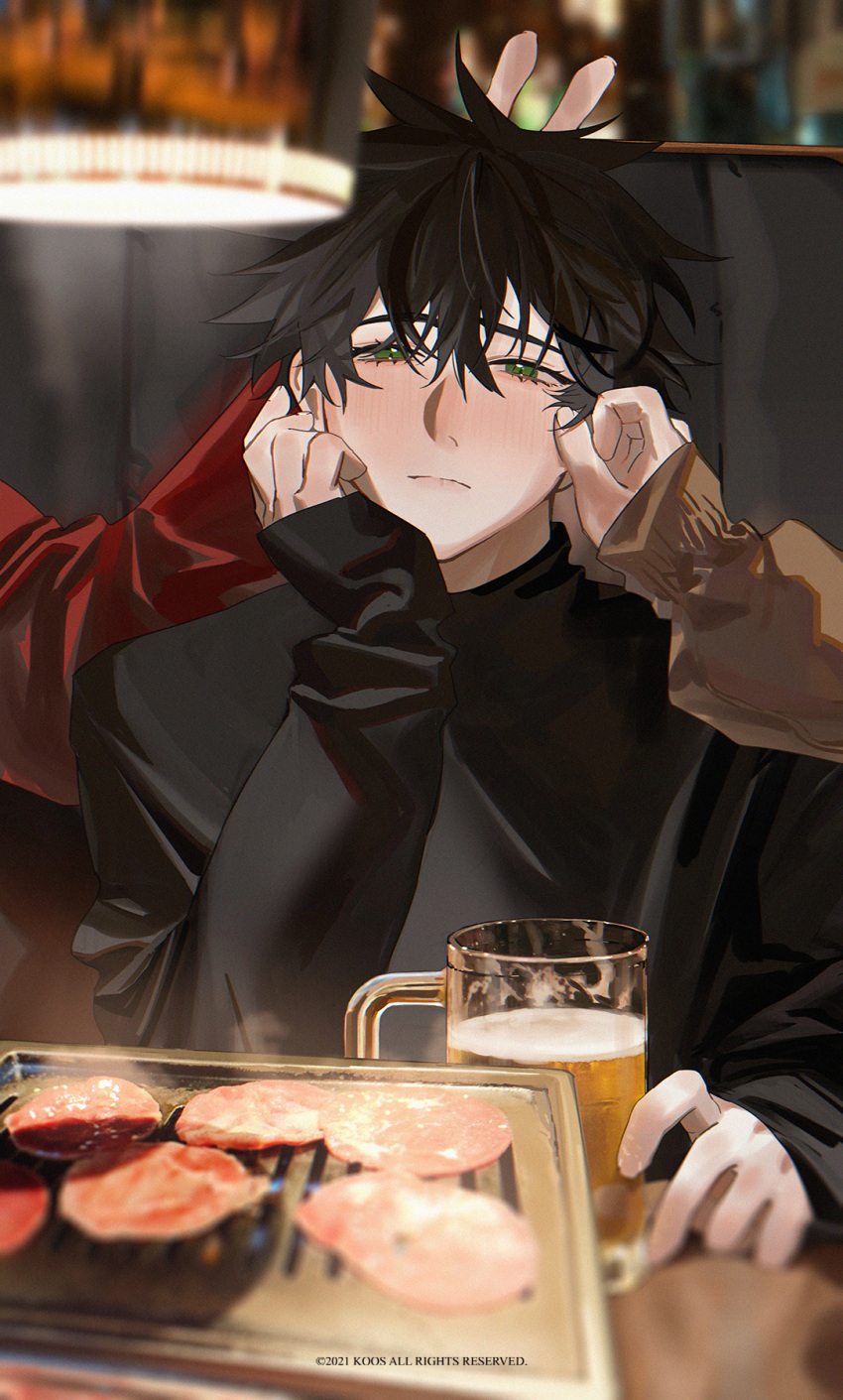 1boy 2others artist_name bad_id bad_twitter_id beer_mug black_hair black_shirt blush brown_shirt closed_mouth cooking cup food fushiguro_megumi green_eyes grill grilling hair_between_eyes hand_up head_rest highres indoors jujutsu_kaisen k00s long_sleeves looking_at_viewer meat mug multiple_others red_shirt shirt short_hair sleeves_past_wrists solo_focus spiked_hair v