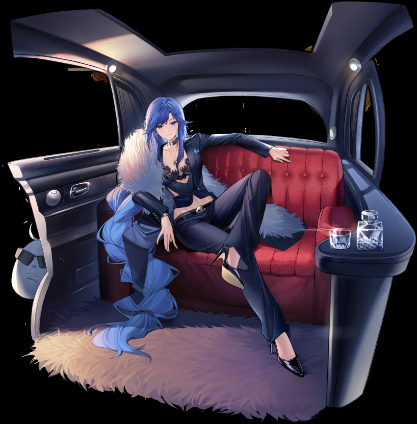 1girl absurdly_long_hair alternate_costume artist_request azur_lane belt biloxi_(azur_lane) biloxi_(empress_in_the_silk_seat)_(azur_lane) black_bra black_footwear black_jacket blue_eyes blue_hair blue_nails blue_pants blue_ribbon bra braid car car_interior center_opening character_name choker company_name copyright_name crossed_legs cup drinking_glass eagle_union_(emblem) multiple_expressions feather_boa figure_four_sitting formal_clothes full_body fur glass hair_ribbon handkerchief high_heels highres jacket jewelry lace lace_bra limousine limousine_interior long_hair long_sleeves looking_at_viewer manjuu_(azur_lane) motor_vehicle nail_polish navel necklace no_shirt no_socks official_alternate_costume official_art pants pumps reclining ribbon shoes single_braid sitting smile suit suit_jacket sunglasses sunglasses_removed swept_bangs transparent_background underwear very_long_hair vest waistcoat watch watermark wristwatch