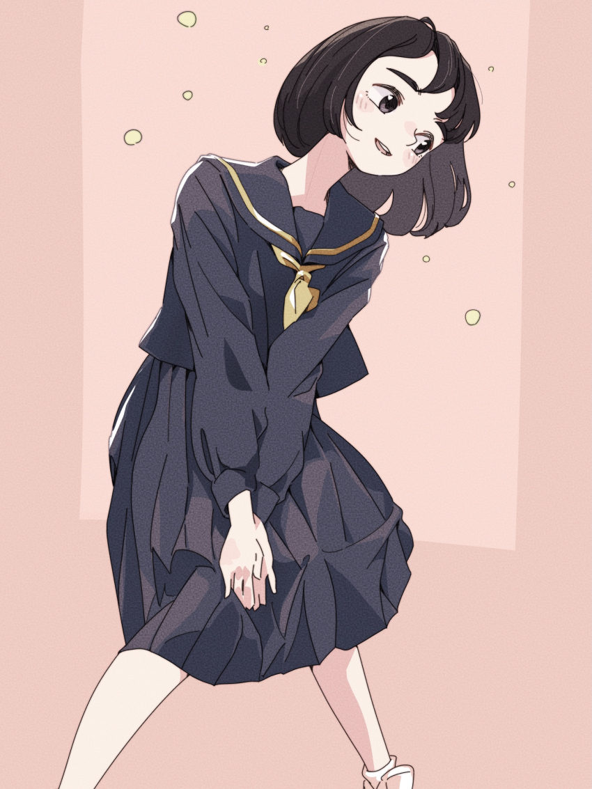 1girl :d black_hair black_sailor_collar black_serafuku black_shirt black_skirt blush blush_stickers bob_cut brown_eyes dress_shirt feet_out_of_frame hair_strand head_tilt highres kemono_friends knees_together_feet_apart long_sleeves neckerchief open_mouth pink-backed_pelican_(kemono_friends) pleated_skirt sailor_collar school_uniform serafuku shirt skirt smile socks solo standing tariki_fretless teeth thick_eyebrows upper_teeth_only white_footwear white_socks yellow_neckerchief