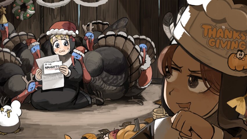 &gt;_&lt; 2girls :d apple bird blonde_hair blue_eyes brown_eyes brown_hair chef_hat chicken christmas_wreath clumsy_nun_(diva) commentary crying crying_with_eyes_open diva_(hyxpk) drooling duck english_commentary fake_antlers feathers food fruit habit hat highres holding holding_letter hungry_nun_(diva) letter little_nuns_(diva) mouth_drool multiple_girls nun open_mouth pumpkin red_hat red_star santa_hat scared slice_of_life smile star_(symbol) tears thanksgiving traditional_nun turkey_(bird) wreath