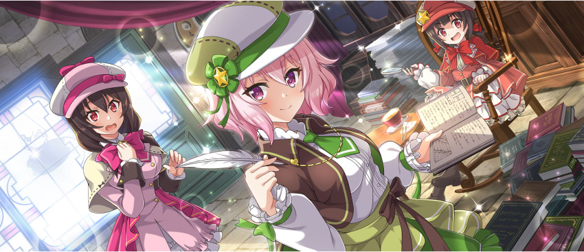 3girls :d book bow bowtie brown_hair cape chair child closed_mouth coat cup deerstalker demon_girl detective dress_shirt game_cg green_necktie green_skirt hair_between_eyes hat highres holding holding_book holding_magnifying_glass holding_quill indoors komekko kono_subarashii_sekai_ni_shukufuku_wo! konosuba!_fantastic_days light_blush long_hair long_sleeves looking_at_viewer low_twintails magnifying_glass matching_outfits multiple_girls necktie no_tail no_wings official_alternate_costume official_art on_chair open_mouth pink_bow pink_bowtie pink_coat pink_eyes pink_hair pink_hat quill red_bow red_bowtie red_cape red_coat red_eyes red_hat saucer shade shinjin_succubus_(konosuba) shirt short_hair short_necktie short_twintails sidelocks sitting skirt smile standing teacup too_many too_many_books twintails v-shaped_eyebrows wavy_hair white_shirt window yunyun_(konosuba)