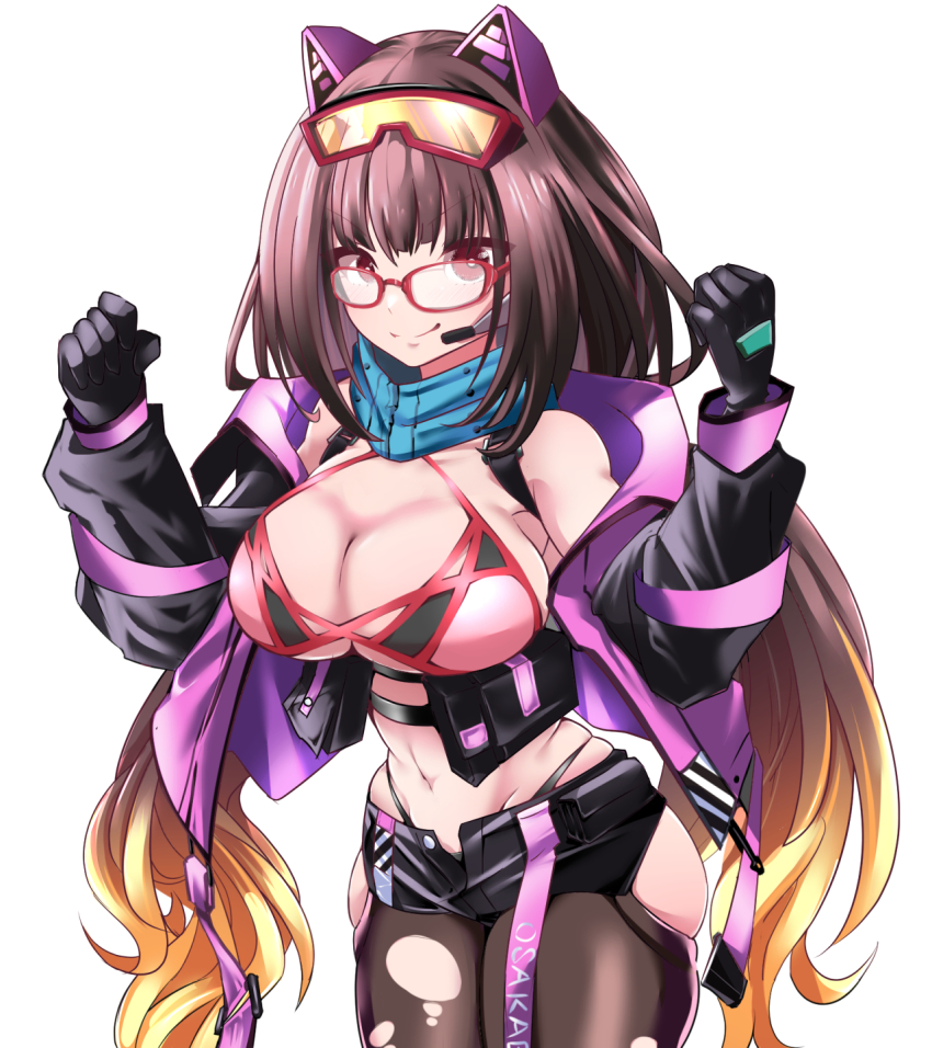 1girl animal_ears black_gloves blonde_hair breasts brown_hair cleavage curvy fake_animal_ears fate/grand_order fate_(series) glasses gloves goggles goggles_on_head gradient_hair highres large_breasts long_hair long_sleeves looking_at_viewer medium_hair microphone multicolored_hair osakabehime_(fate) osakabehime_(swimsuit_archer)_(fate) pantyhose red_eyes skindentation smile solo swimsuit torn_clothes torn_pantyhose very_long_hair white_background wide_hips yakuoyoso