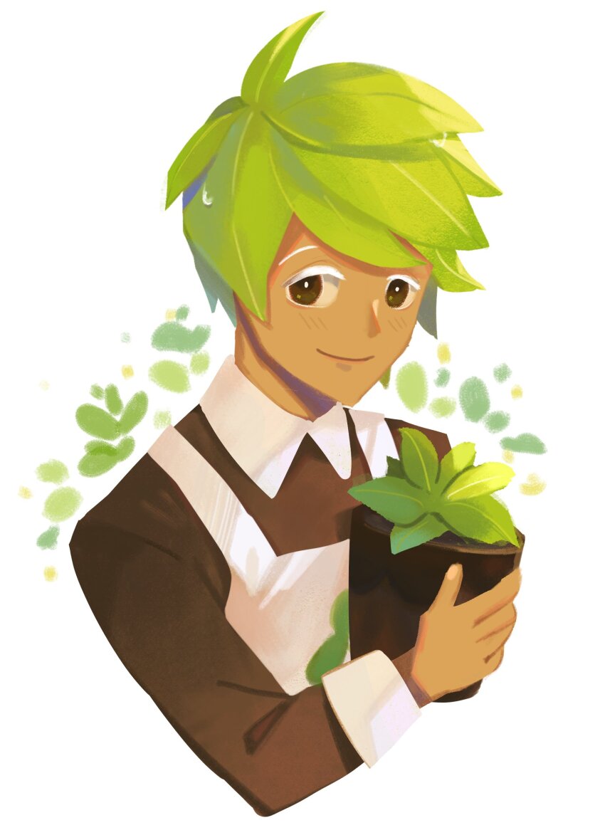 1boy apron blush brown_eyes brown_shirt closed_mouth commentary_request cookie_run cropped_torso green_hair herb_cookie highres looking_at_viewer male_focus plant potted_plant rami_rz shirt simple_background solo thai_commentary white_apron white_background