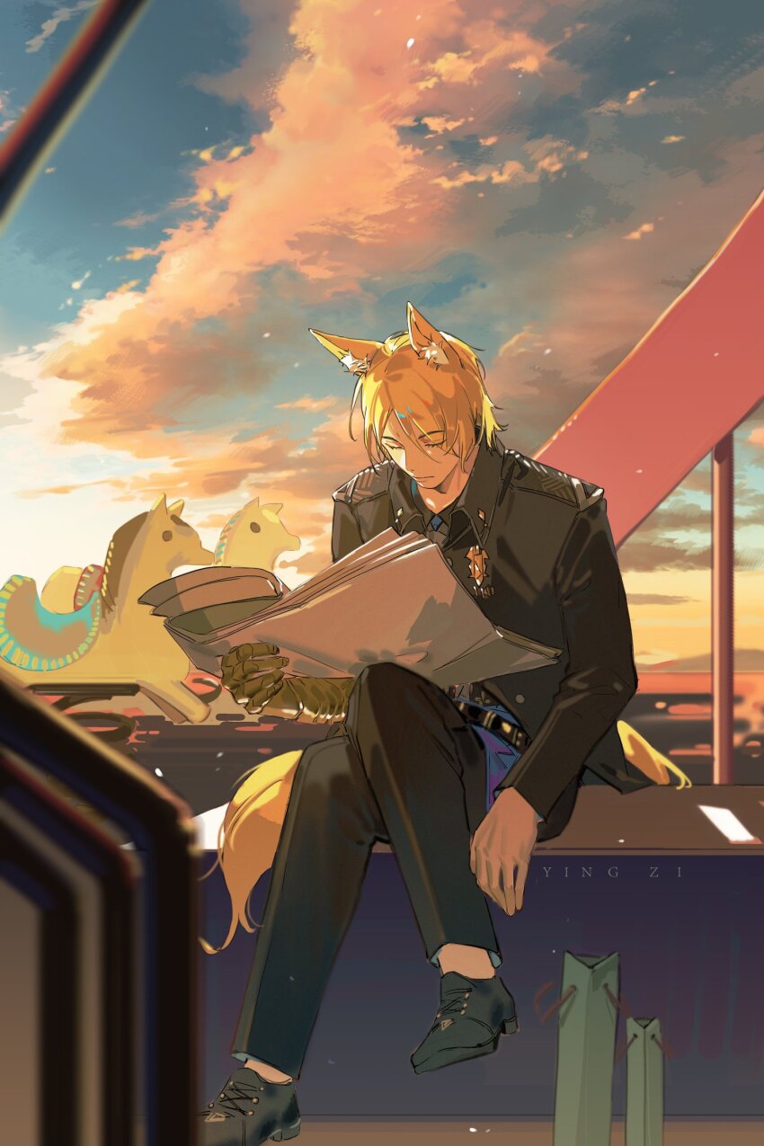 1boy animal_ear_fluff animal_ears arknights artist_name belt black_bow black_footwear black_jacket black_pants blue_shirt blue_sky blurry blurry_foreground bow chinese_commentary closed_eyes cloud commentary_request gauntlets gradient_sky highres holding holding_newspaper horse_boy horse_ears horse_tail industrial_pipe jacket knee_up looking_at_viewer male_focus mlynar_(arknights) newspaper outdoors pants reading shirt single_gauntlet sitting sky solo tail yingzi