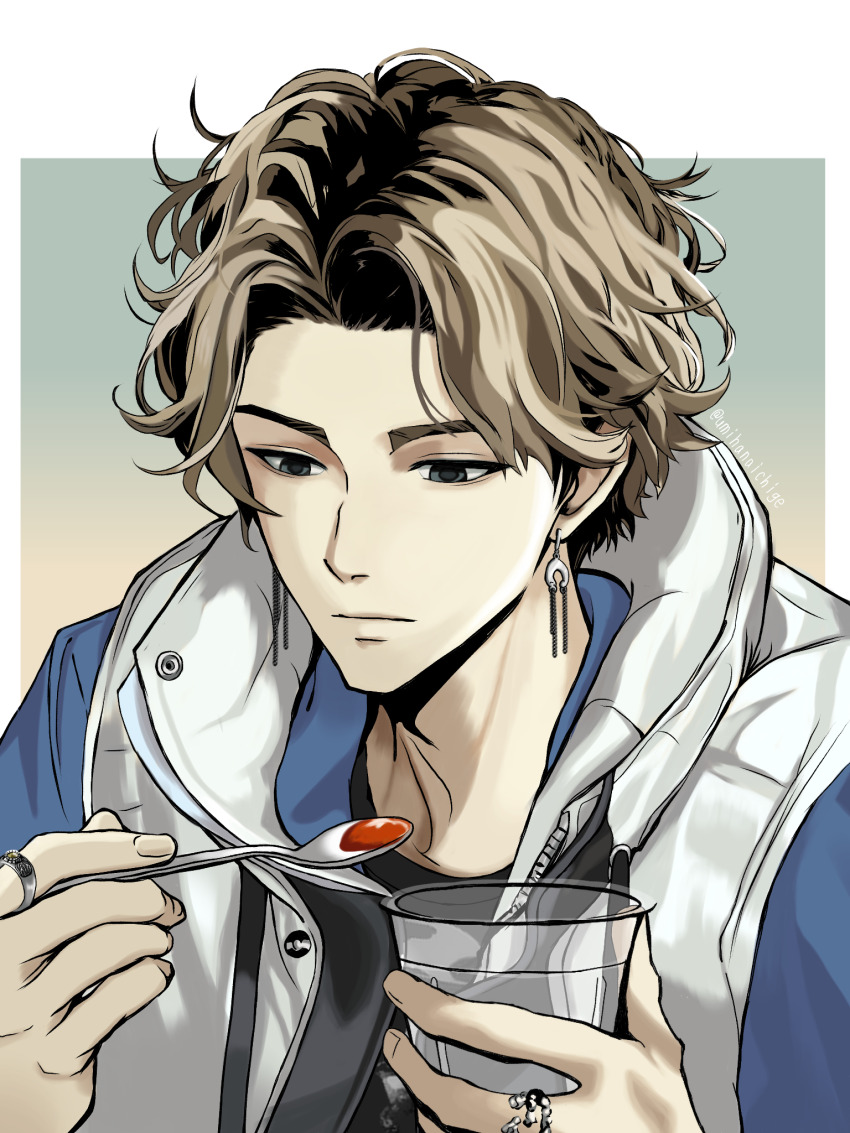 1boy black_hair blonde_hair blue_shirt border closed_mouth commentary_request cup earrings gradient_background grey_eyes highres holding holding_cup holding_spoon jacket jewelry kamen_rider kamen_rider_gavv_(series) lakia_amarga looking_down male_focus multicolored_hair multiple_rings parted_hair ring shirt short_hair silver_earrings sleeveless sleeveless_jacket solo spoon twitter_username umihanaichige upper_body white_border white_jacket