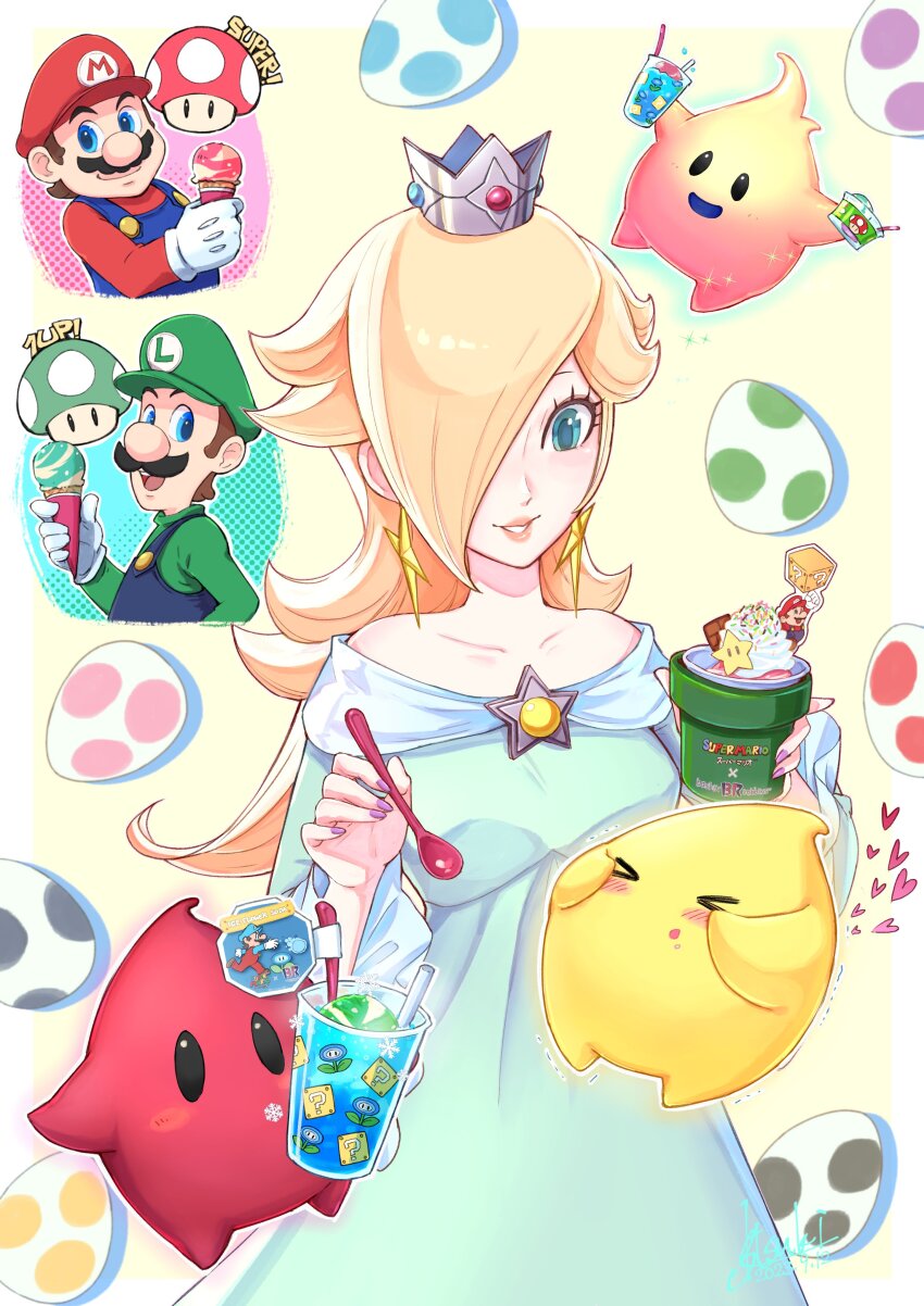 &gt;_&lt; 1-up_mushroom 1girl 1up 2boys ?_block absurdres bare_shoulders baskin-robbins blonde_hair blue_dress blue_eyes blue_overalls blush brick_block brooch brown_hair collarbone crown dress earrings eyelashes facial_hair food green_headwear green_shirt hair_over_one_eye hat heart highres holding holding_food holding_ice_cream hungry_luma_(super_mario_galaxy) ice_cream ice_cream_cone ice_cream_spoon ice_flower_(mario) ice_mario jewelry long_sleeves luigi luma_(mario) mario mario_(series) multiple_boys mustache nintendo off-shoulder_dress off_shoulder overalls parted_lips pink_nails red_headwear red_shirt rosalina shirt smile spoon star_(symbol) star_brooch star_earrings super_mario_galaxy super_mushroom super_star_(mario) tsuki_(applebeniakari) warp_pipe yoshi_egg