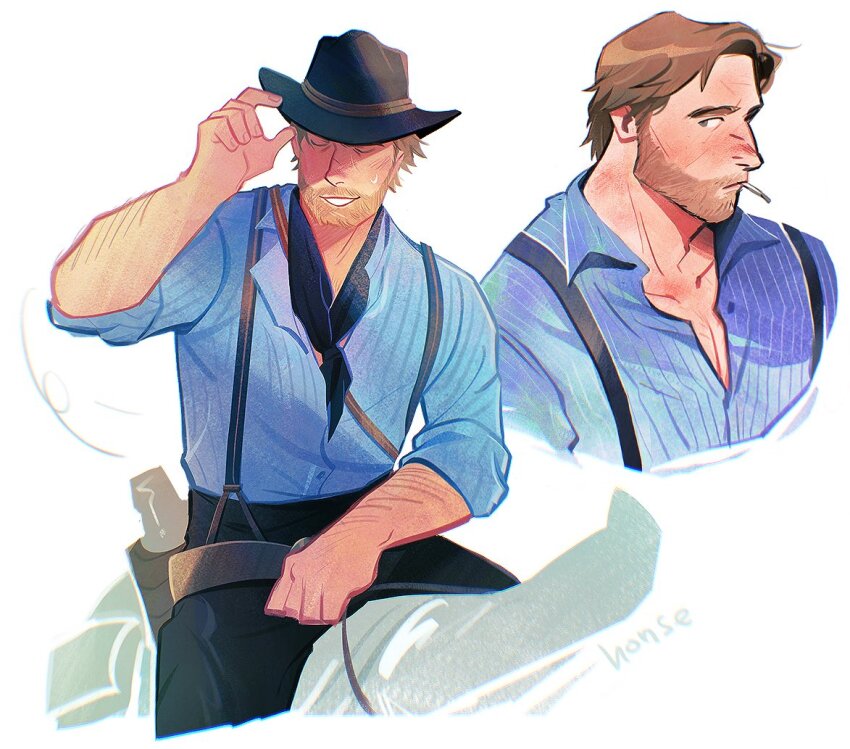 1boy adjusting_clothes adjusting_headwear arm_hair arm_up arthur_morgan bandana bandana_around_neck beard black_bandana black_hat black_pants blue_shirt brown_hair closed_eyes collarbone collared_shirt commentary cowboy_hat english_commentary facial_hair gun hat holster horseback_riding light_brown_hair looking_to_the_side male_focus multiple_views open_collar pants red_dead_redemption_(series) red_dead_redemption_2 riding salarryman shirt sideways_glance simple_background sleeves_rolled_up smile striped_clothes striped_shirt suspenders teeth thigh_holster vertical-striped_clothes vertical-striped_shirt weapon white_background