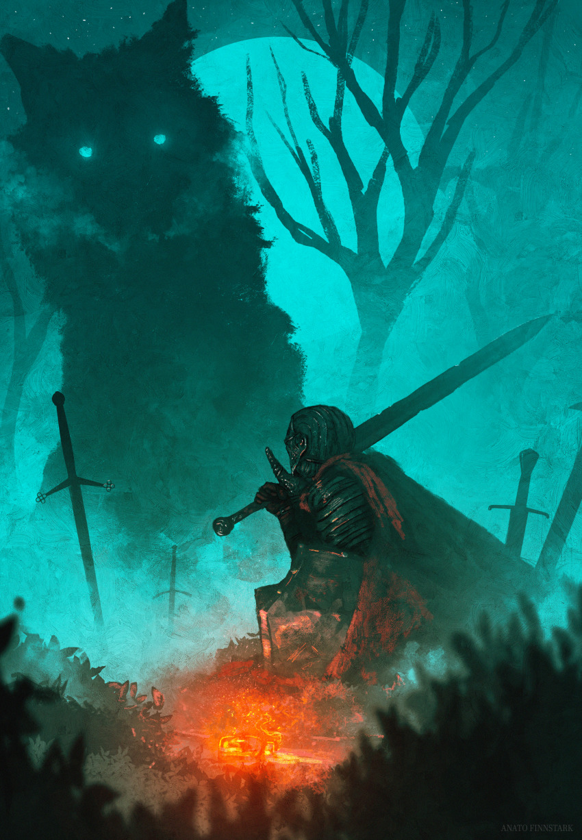 1other absurdres anato_finnstark artist_name bare_tree cape dark_souls_(series) dark_souls_i estus_flask giant glowing glowing_eyes great_grey_wolf_sif helmet highres holding holding_shield holding_sword holding_weapon huge_filesize looking_at_another moon night outdoors planted planted_sword planted_weapon red_cape shield sitting sword tree weapon wolf