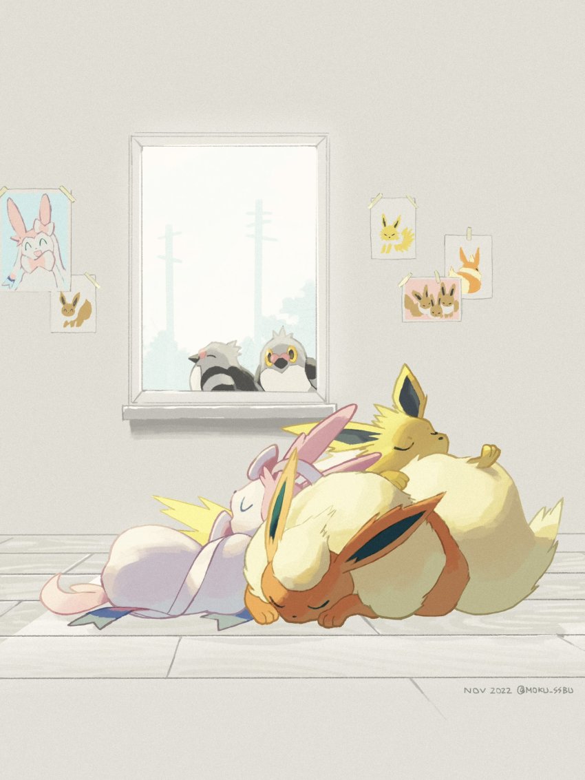 animal_focus bird closed_eyes commentary dated drawing_(object) eevee emon flareon gen_1_pokemon gen_5_pokemon gen_6_pokemon highres indoors jolteon mokuzou_(moku_ssbu) nintendo no_humans pidove pokemon pokemon_(creature) sylveon symbol-only_commentary twitter_username u_u window
