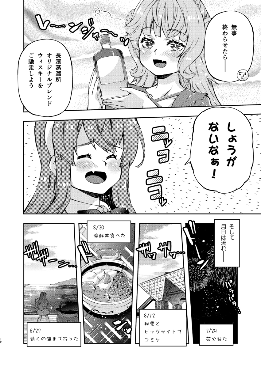 2girls blunt_bangs bottle bow bowtie commentary_request fang fireworks food greyscale highres imu_sanjo kantai_collection long_hair monochrome multiple_girls naganami_(kancolle) open_mouth ranger_(kancolle) skin_fang smile tokyo_big_sight translation_request upper_body