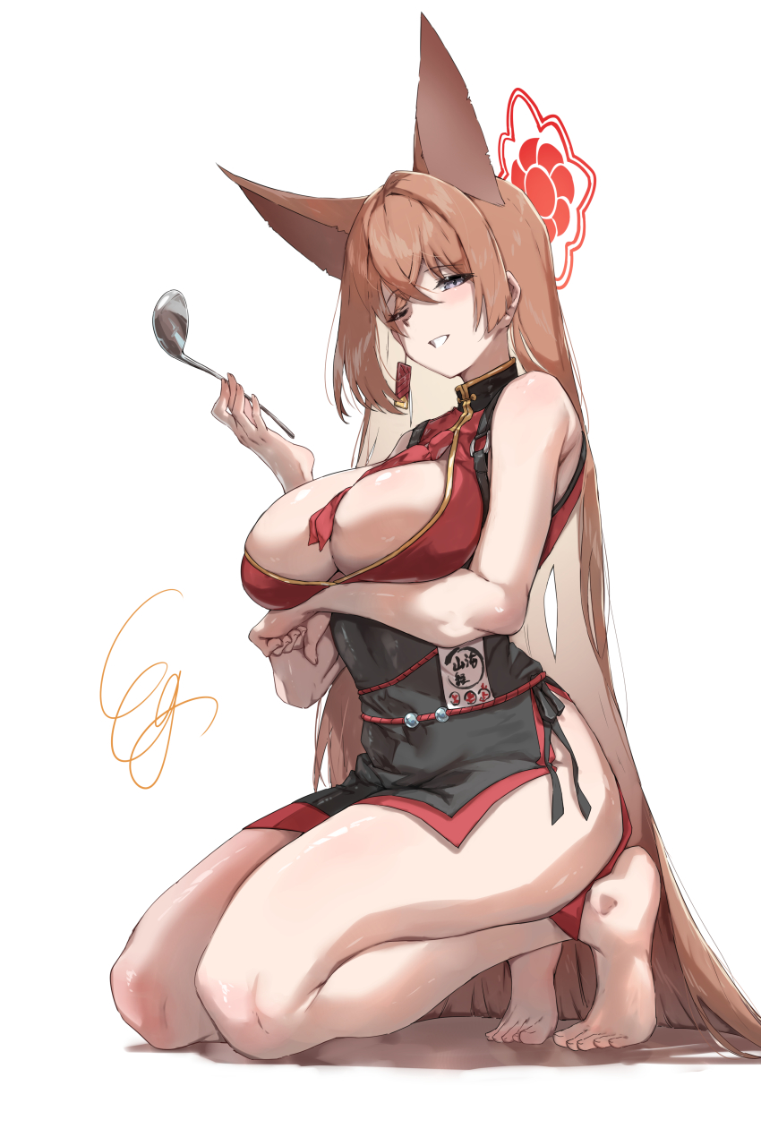 1girl absurdres animal_ears arm_under_breasts barefoot blue_archive blush breasts brown_hair china_dress chinese_clothes cleavage commentary_request dress fox_ears grin hair_between_eyes halo highres holding holding_ladle kneeling ladle large_breasts long_hair looking_at_viewer one_eye_closed purple_eyes red_dress red_halo rumi_(blue_archive) shadow simple_background smile solo sunnysideup thighs toes white_background