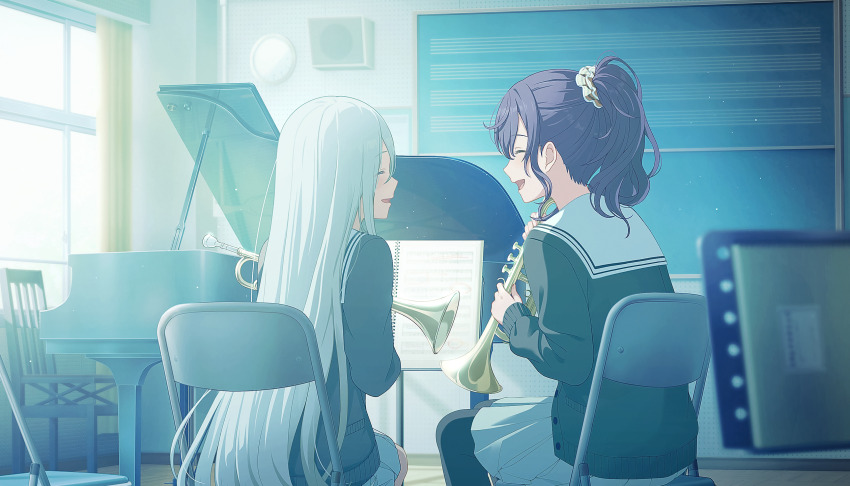 2girls analog_clock asahina_mafuyu black_cardigan black_pantyhose cardigan chalkboard clock colorful_palette curtains grand_piano grey_skirt highres holding holding_instrument holding_trumpet instrument long_hair looking_at_another multiple_girls music_stand official_art open_mouth pantyhose piano ponytail project_sekai purple_hair sailor_collar scrunchie sitting skirt smile third-party_source trumpet utakata_ni_idakarete_(project_sekai) very_long_hair white_sailor_collar window yellow_scrunchie yoisaki_kanade