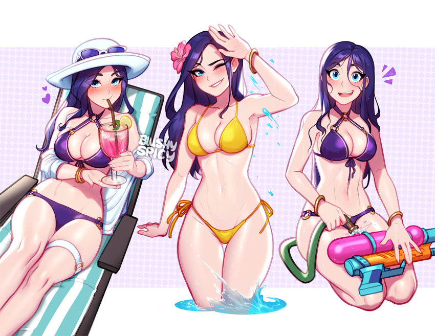 1girl alternate_costume bikini blush blushyspicy bracelet breasts caitlyn_(league_of_legends) cleavage commentary eyewear_on_headwear flower hair_flower hair_ornament hat jewelry large_breasts league_of_legends long_hair looking_at_viewer lying multiple_views pink_flower pool_party_caitlyn purple_bikini sitting smile standing sun_hat sunglasses swimsuit water water_gun yellow_bikini