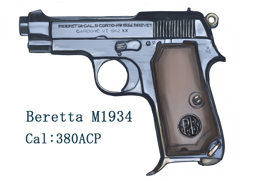 absurdres beretta_m1934 boku_wa_shougakusei gun handgun highres italian_text logo no_humans original screw simple_background still_life weapon weapon_focus weapon_name white_background