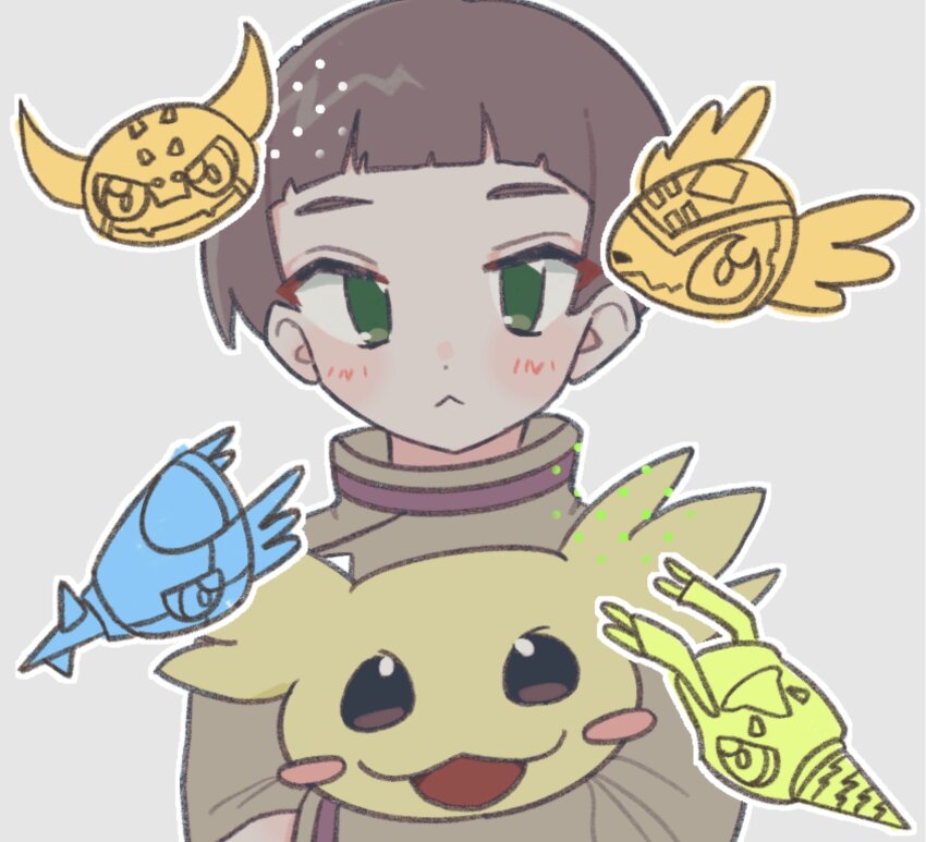 ankylomon armadimon black_eyes digimon digimon_(creature) digmon green_eyes hida_iori highres open_mouth smile submarimon upamon