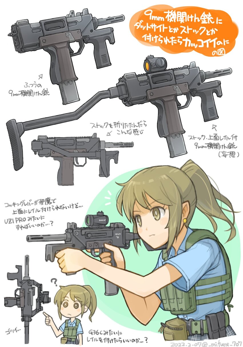 1girl ? aiming belt belt_pouch blue_shirt brown_eyes brown_hair bulletproof_vest closed_mouth collared_shirt commentary_request dated deformed earrings gun high_ponytail highres holding holding_gun holding_weapon information_sheet jewelry mifune_(_mifune_707) multiple_views original ponytail pouch shirt short_sleeves submachine_gun translation_request twitter_username upper_body utility_belt uzi weapon weapon_name