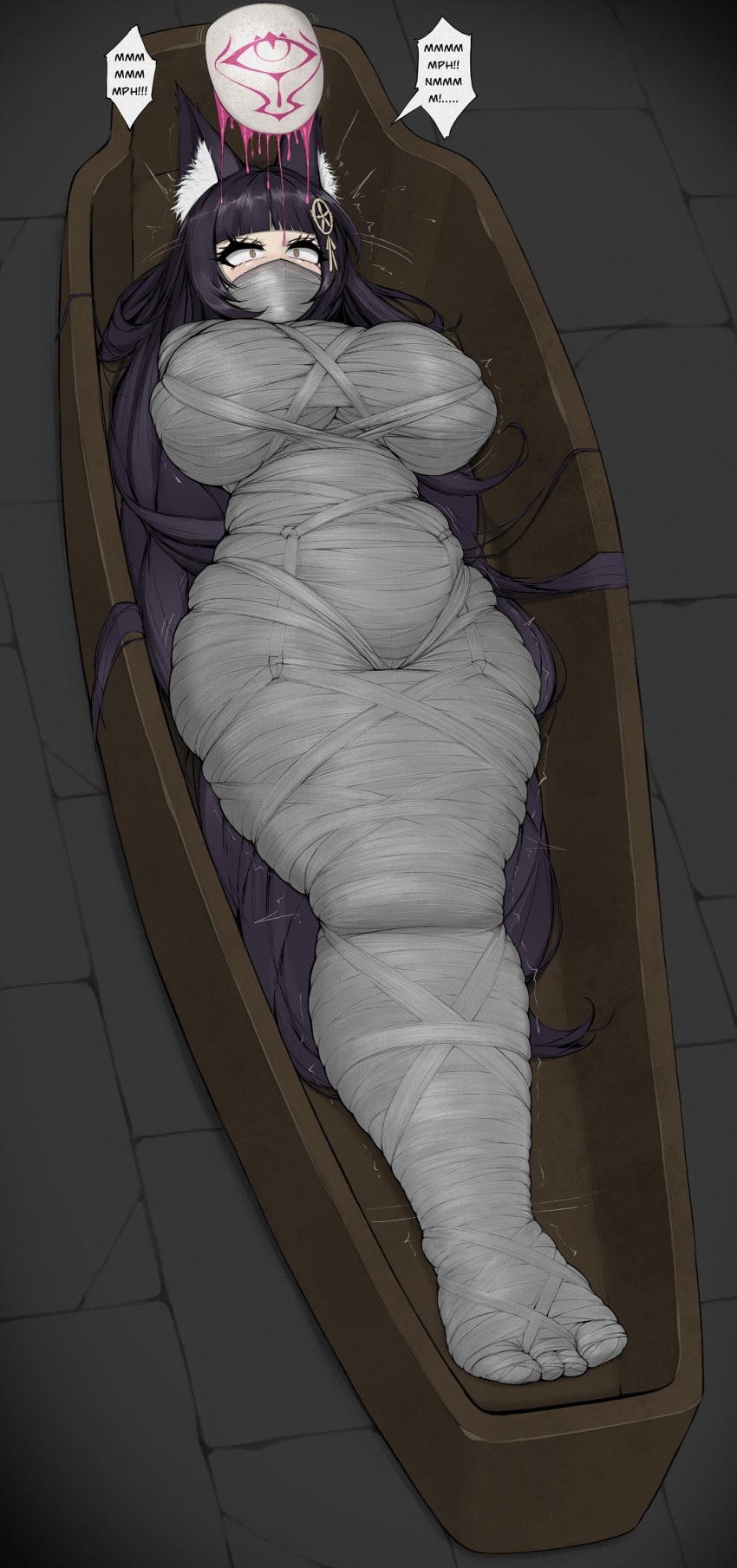 1girl ameng_(katena1990) animal_ear_fluff animal_ears azur_lane bandages bdsm bondage bound breasts commentary_request commission constricted_pupils fox_ears full_body gagged grey_eyes highres huge_breasts long_hair lying mask mummification_(bound) musashi_(azur_lane) on_back purple_hair restrained sarcophagus second-party_source solo very_long_hair