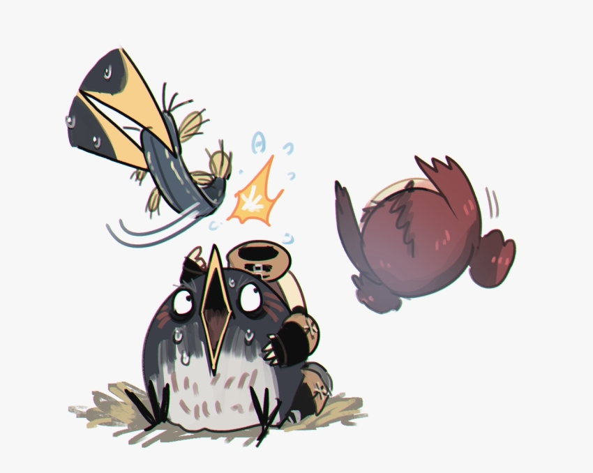 0_0 1girl beak bird chick commentary disembodied_head dullahan english_commentary enne_(porforever) failure fingerless_gloves fish gloves grey_background nest original porforever red_hair simple_background sitting sweat