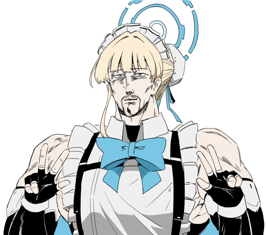 1boy apron beard blonde_hair blue_archive blue_bow bow cosplay double_v facial_hair fingerless_gloves gloves halo hara_tetsuo_(style) highres hokuto_no_ken maid_apron maid_headdress mannungei name_connection solo toki_(blue_archive) toki_(blue_archive)_(cosplay) toki_(hokuto_no_ken) v white_background