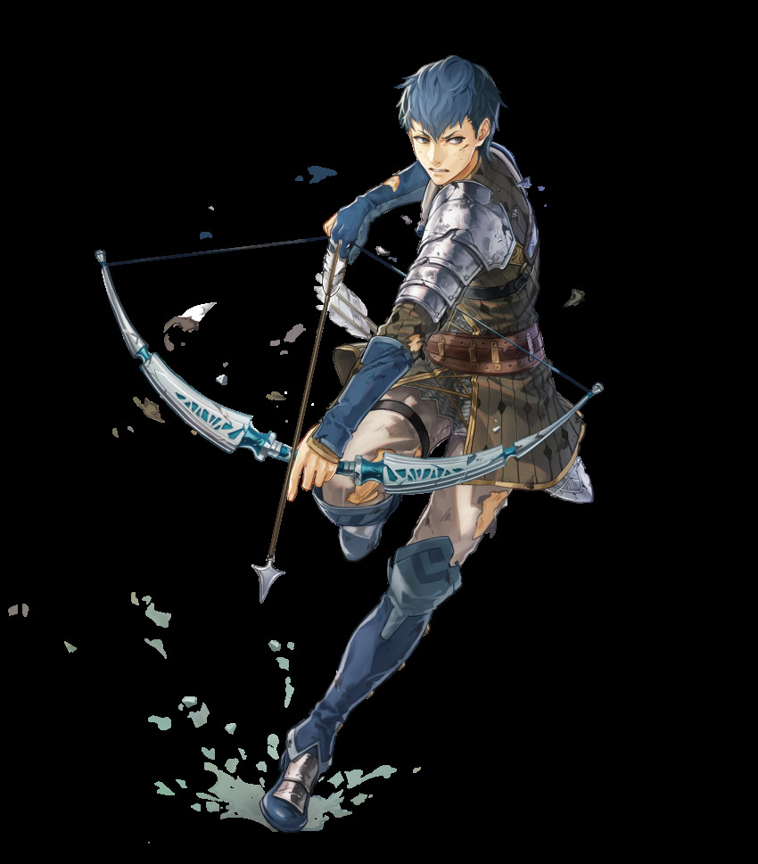 1boy arrow_(projectile) belt blue_hair boots bow_(weapon) brown_eyes fingerless_gloves fire_emblem fire_emblem_echoes:_shadows_of_valentia fire_emblem_heroes full_body gloves highres injury male_focus nintendo official_art python_(fire_emblem) quiver scar solo suda_ayaka teeth torn_clothes transparent_background weapon
