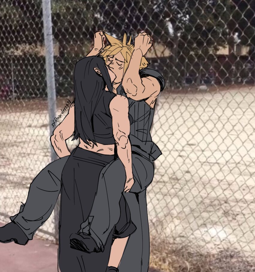 1boy 1girl absurdres arms_up assertive_female back bare_arms black_hair black_pants black_robe black_shirt black_shoes black_shorts blonde_hair closed_eyes cloud_strife crop_top final_fantasy final_fantasy_vii final_fantasy_vii_advent_children girl_kissing_guy_against_fence_(meme) highres holding_another&#039;s_legs long_hair meme midriff pants photo_background real_life robe shirt shoes short_hair shorts sleeveless spiked_hair strawderryst tifa_lockhart
