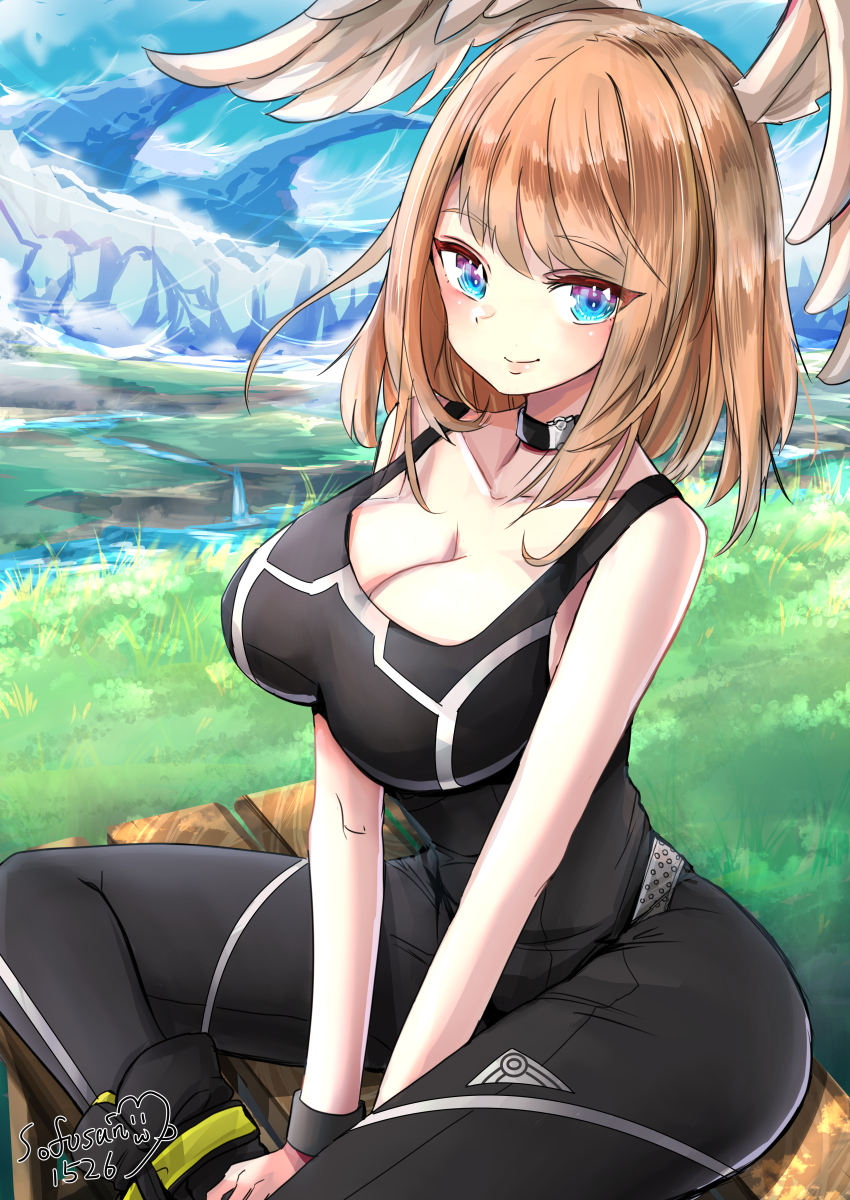 1girl absurdres artist_name bare_shoulders black_bodysuit black_choker blue_eyes bodysuit breasts brown_hair choker cleavage commentary_request eunie_(xenoblade) grass head_wings highres large_breasts looking_at_viewer medium_hair sitting sky sleeveless sleeveless_bodysuit smile sofusan1526 solo white_wings wings xenoblade_chronicles_(series) xenoblade_chronicles_3