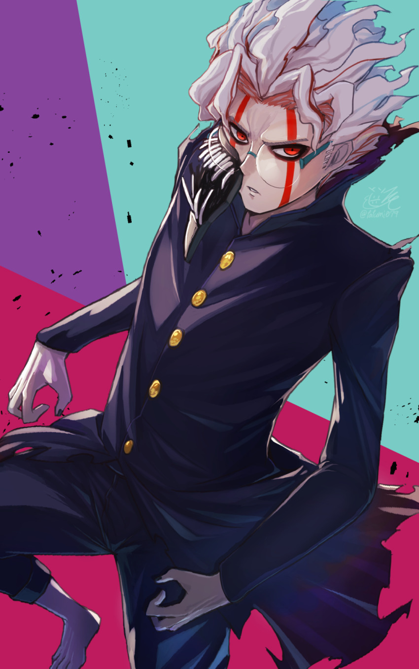 1boy alternate_form barefoot black_jacket black_pants buttons commentary dandadan facial_mark gakuran glasses highres jacket long_sleeves looking_at_viewer male_focus mask mouth_mask pants parted_lips popped_collar red_eyes round_eyewear school_uniform solo takakura_ken_(dandadan) takakura_ken_(transformed)_(dandadan) tatsumi_(panneko) torn_clothes unworn_mask white_hair