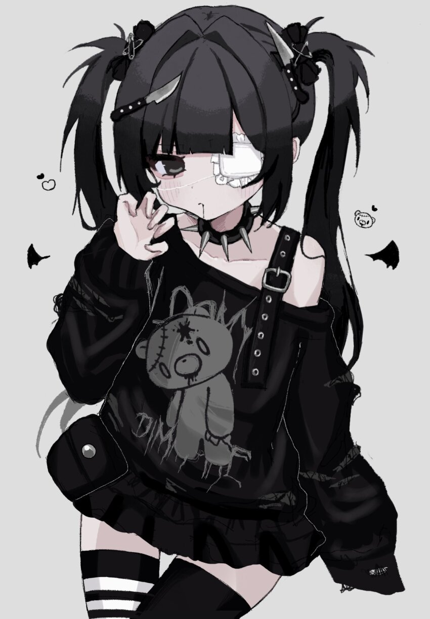 1girl asymmetrical_legwear belt_pouch black_bow black_eyes black_hair black_saliva black_skirt black_sweater black_thighhighs bow claw_pose closed_mouth collar drooling eyepatch frilled_eyepatch frown grey_background hair_bow hand_up highres knife_hair_ornament long_hair miniskirt off_shoulder original pouch rivets simple_background single-shoulder_sweater single_strap skirt sleeves_past_wrists solo spiked_collar spikes striped_clothes striped_thighhighs sweater thighhighs twintails uxvqx white_thighhighs zettai_ryouiki