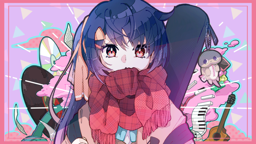 1girl blue_hair border cd charm_(object) colored_smoke commentary_request eyelashes guitar hair_ornament hairclip highres imomushi_(pixiv_9001433) instrument keyboard_(instrument) long_hair looking_at_viewer nagase_yuka pink_border purple_background red_eyes riot_music scarf side_ponytail smoke solo vinyl_record virtual_youtuber