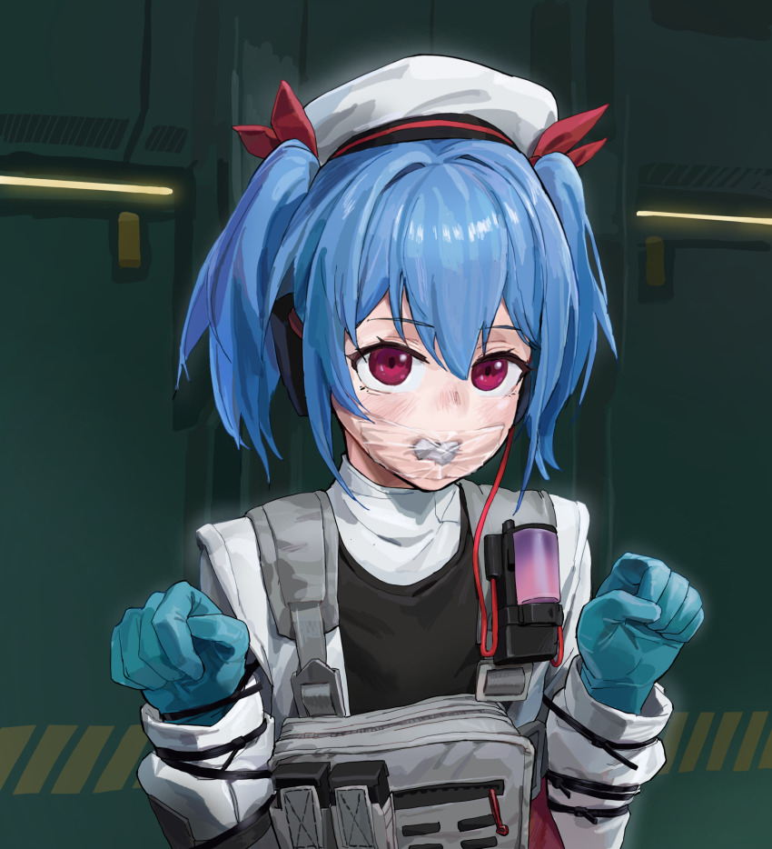 1girl a_tea ammunition_pouch bdsm blue_gloves blue_hair bondage bound cloth_gag colphne_(girls&#039;_frontline_2) female_focus flat_chest gag gagged girls&#039;_frontline gloves hat highres improvised_gag jacket long_hair looking_at_viewer pouch red_eyes red_ribbon restrained ribbon shibari shibari_over_clothes solo tam_o&#039;_shanter tape tape_gag twintails