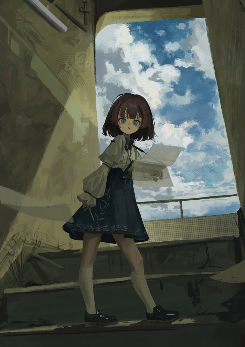 1girl :o absurdres alley black_shoes blue_bow blue_bowtie blue_eyes blue_skirt bow bowtie brown_hair capelet cloud cloudy_sky commentary day eliot_(eokaitekaite969) from_side high-waist_skirt highres holding holding_paintbrush long_sleeves looking_at_viewer notebook_lanyard on_stairs open_mouth original outdoors paintbrush shirt shoes skirt sky sleeves_past_wrists socks solo stairs standing white_capelet white_shirt white_socks
