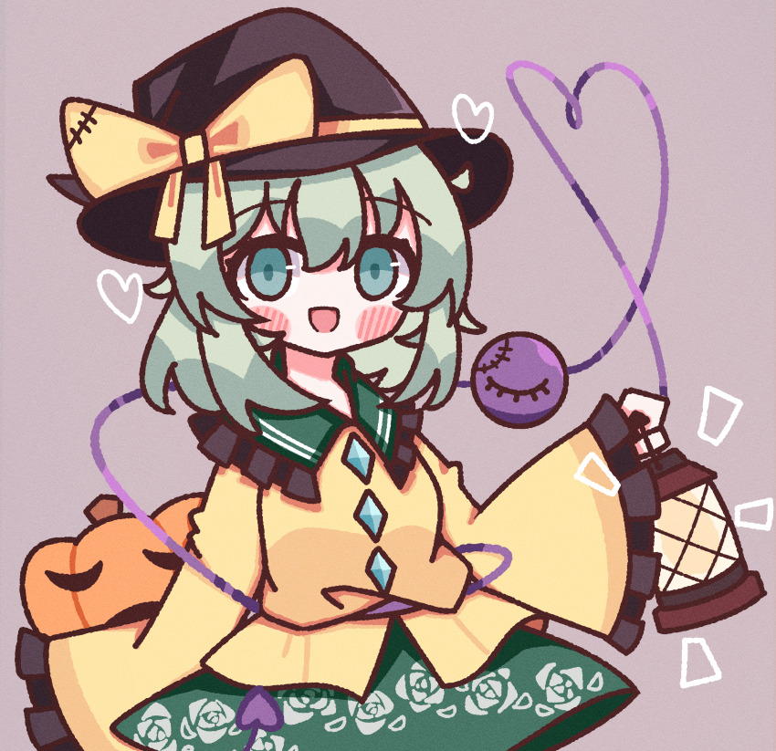 1girl :d absurdres black_hat blush blush_stickers bow buttons diamond_button floral_print frilled_shirt_collar frilled_sleeves frills green_eyes green_hair green_skirt hat hat_bow heart heart_of_string highres holding holding_lantern jack-o&#039;-lantern komeiji_koishi lantern light_green_hair long_sleeves looking_at_viewer medium_hair open_mouth pumpkin rose_print shirt simple_background skirt sleeves_past_wrists smile solo standing third_eye touhou waroemon witch_hat yellow_bow yellow_shirt