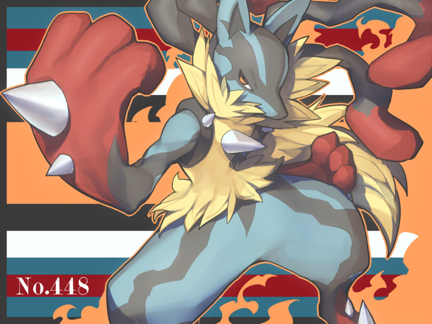 1other animal_ears black_fur blue_fur closed_mouth gen_4_pokemon hitoto looking_at_viewer lucario mega_lucario mega_pokemon nintendo pokemon pokemon_(creature) red_fur solo yellow_eyes