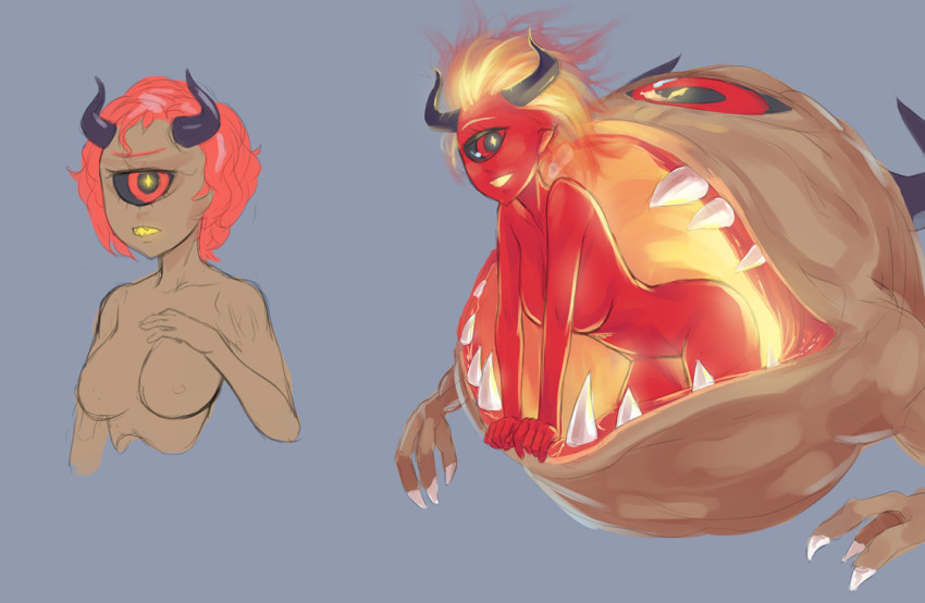2girls artist_request breasts demon demon_girl doom_(series) doom_i fire hdoom horns id_software lost_soul_(doom) medium_breasts monster_girl multiple_girls nude pain_elemental pussy red_eyes